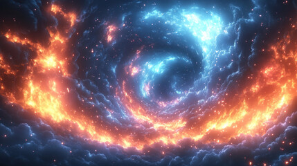 Obraz premium Mystical cosmic vortex blending fiery and icy elements in a stunning nebula
