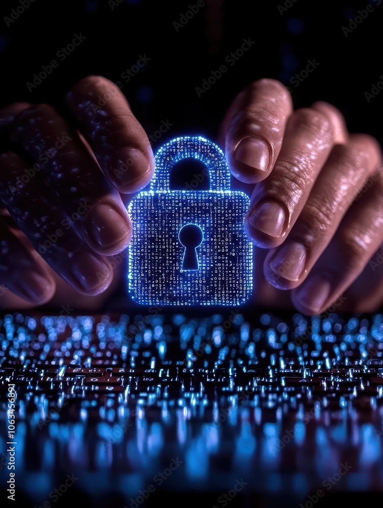 Poster close-up of hands holding a glowing digital lock over a keyboard, illustrating cybersecurity and dat