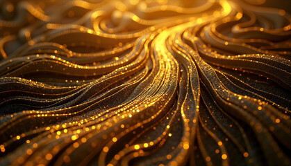 Golden shimmering waves of textured fabric undulate gracefully, creating a dynamic interplay of light and shadow in an abstract setting.