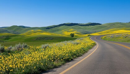 Naklejka premium A quiet country highway bordered by wildflowers and rolling green hills under a clear blue sky, serene nature, Photography