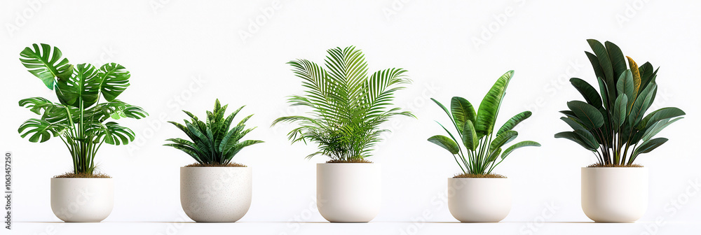 Poster five different types of potted plants are displayed in white pots, showcasing diverse leaf shapes an