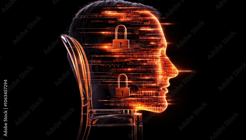Aufkleber conceptual image of a digital head with abstract lock symbols, representing data security, privacy, 