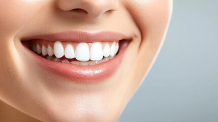 Fototapeta premium Close-up of a woman's bright, healthy smile with perfectly aligned white teeth and smooth skin