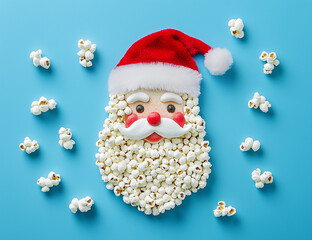 Fototapeta premium Popcorns in the shape of Santa Claus's face, set against a pastel blue background.Minimal creative food and Christmas party advertise concept.Copy space,flat lay