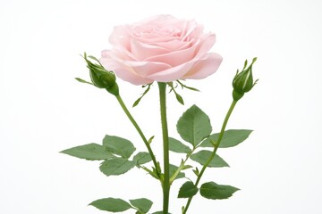 Vintage Pink Rose with Green Buds and Leaves White Background