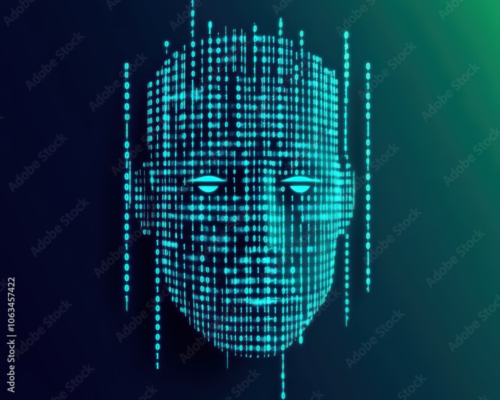 Poster futuristic digital face composed of binary code, glowing in blue and green, symbolizing artificial i