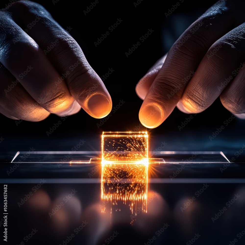 Poster hands manipulating a glowing cube in a dark environment, highlighting advanced technology and innova