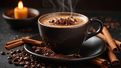 Fototapeta premium Hot coffee with a cinnamon stick and chocolate shavings on top, creating a cozy and aromatic presentation.