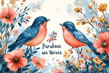 This stylish wedding card showcases a minimalist design featuring geometric shapes and soft pastel colors, elegantly displaying the phrase "Parabéns aos Noivos" for a contemporary celebration.


