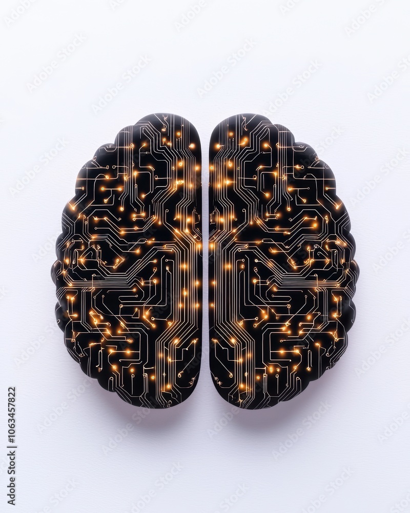 Poster illustration of a brain with circuit patterns and glowing lights, symbolizing artificial intelligenc