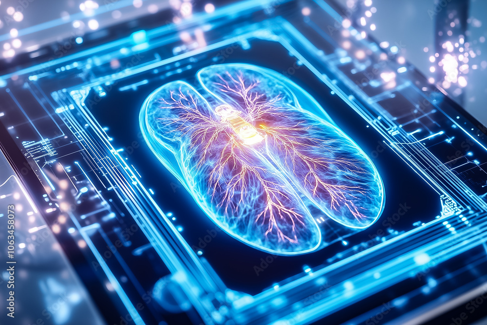 Poster the digital image shows a detailed lung scan featuring complex vascular structures in a modern medic