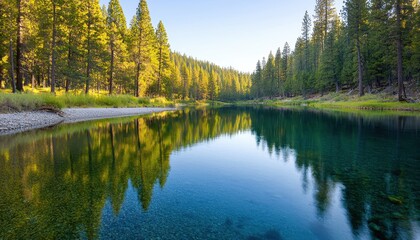 Fototapeta premium Highway running alongside a crystal-clear river, with tall trees reflecting in the water, peaceful atmosphere, Photography