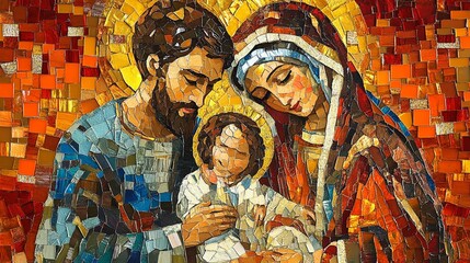 A vibrant mosaic painting depicting the Holy Family: Jesus, Mary, and Joseph in intricate tile patterns.