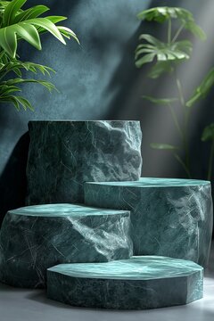 Elegant 3D marble podium display with lush greenery showcased in a contemporary setting, perfect for summer product presentations and artistic displays