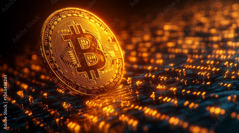 Aufkleber a golden bitcoin sits prominently against a backdrop of shimmering digital patterns at night, repres