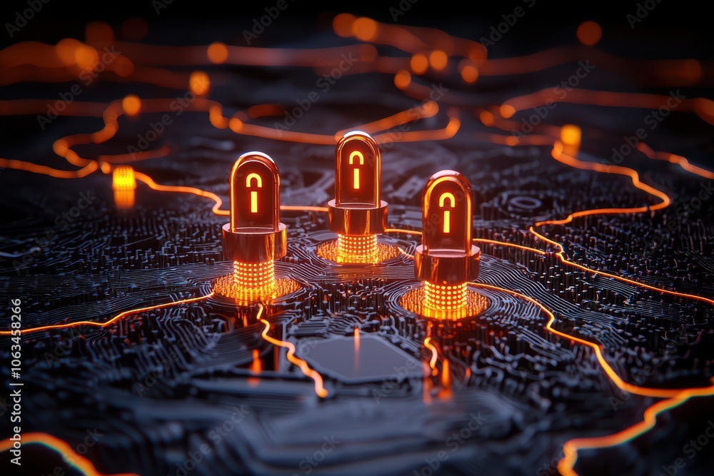 Poster three illuminated padlocks on a dark circuit board, symbolizing digital security and protection agai