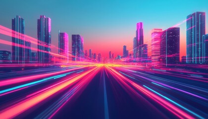 Fototapeta premium Overhead shot of a futuristic highway in a vibrant neon-lit city, towering skyscrapers in the distance, Cyberpunk, Digital art