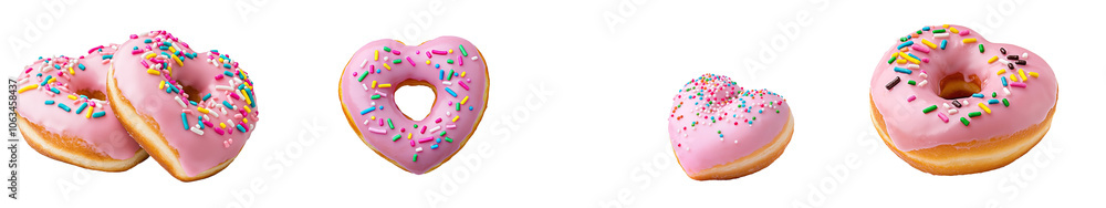 Poster cookie in the form of a heart with pink icing and sprinkles on a transparent white background.