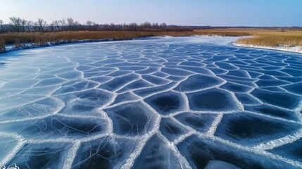 Fototapeta premium Frozen Lake with Intricate Ice Crack Patterns Like a Giant Spiderweb
