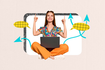Composite artwork collage image picture of girl point fingers dialogue bubble laptop isolated on...