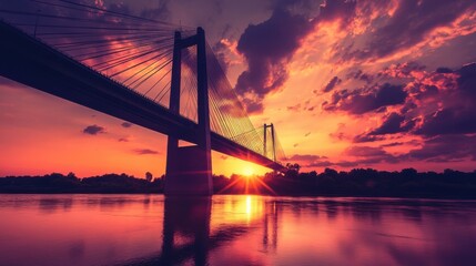 Obraz premium A breathtaking view of a stunning suspension bridge at sunset,