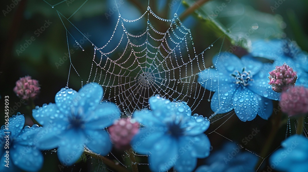 Wall mural dew drops glisten on a spider web