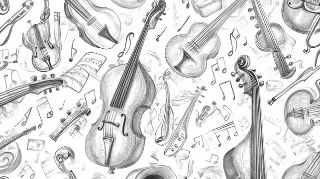 Seamless pattern of musical notes and instruments in a creative and artistic design for music lovers and enthusiasts