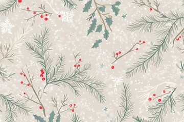 Festive pattern with pine branches, holly leaves, red berries, and snowflakes on a light beige background, creating a cozy winter feel. Suitable for holiday decor, wrapping, and seasonal designs
