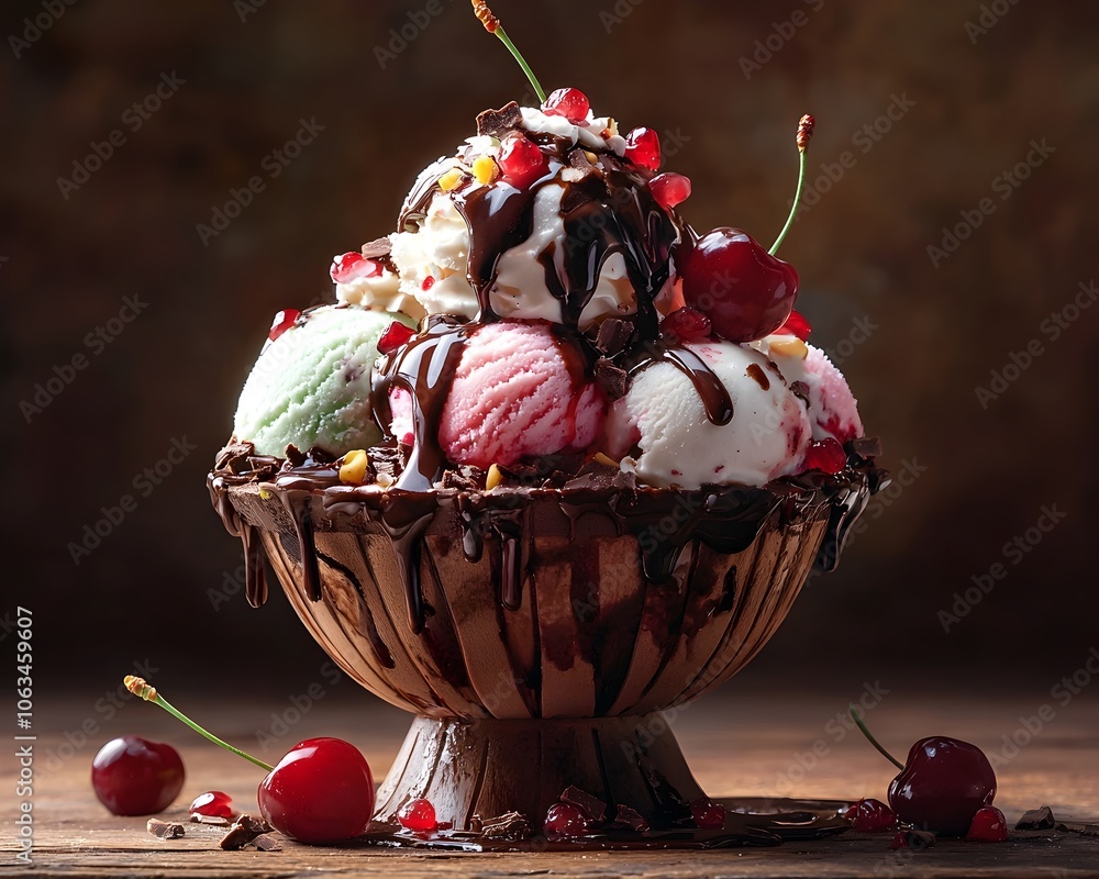 Poster dripping ice cream sundae exploding with sweet decadence and colorful flavors