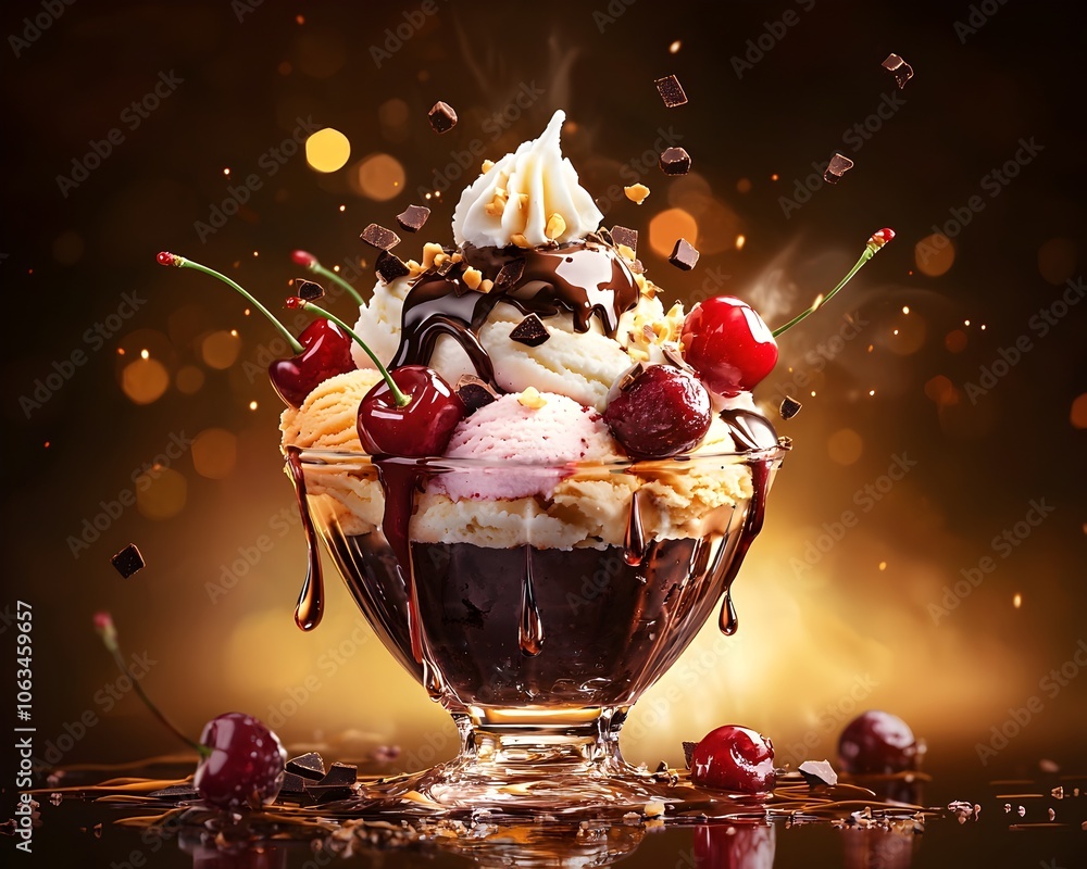 Poster dripping decadent ice cream sundae exploding with sweet flavors and toppings