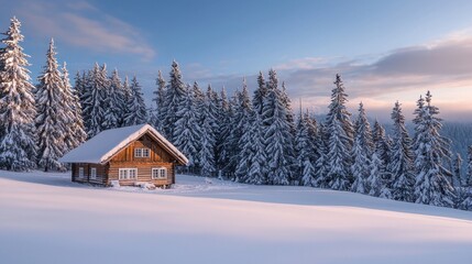 Soft Winter Morning with Snow-Covered Landscape and a Cozy Cabin Surrounded by Pine Trees