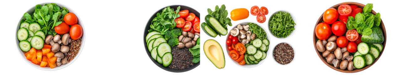 The vibrant bowl of avocado, quinoa, and greens is on a white background. It is transparent.