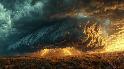 A dramatic landscape featuring a powerful storm cloud formation illuminated by striking lightning during sunset, showcasing vibrant colors and intense atmospheric conditions.