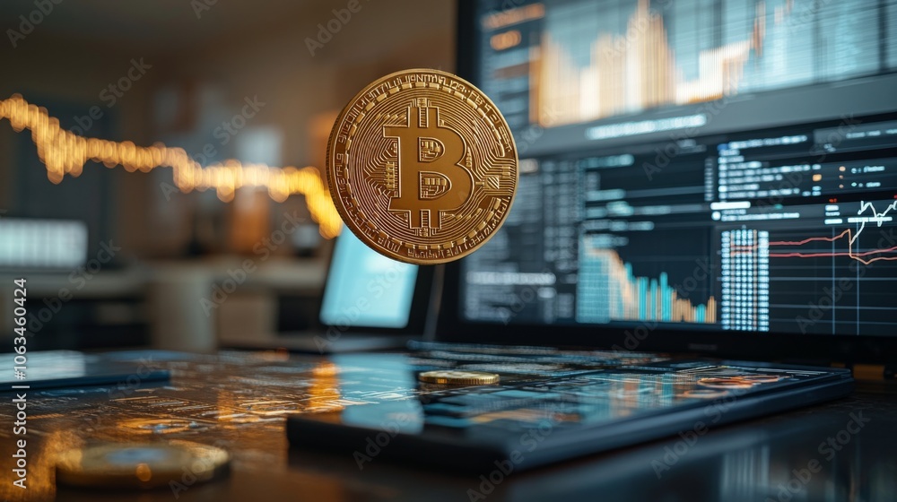 Poster a floating bitcoin is prominently featured above various financial charts and graphs, illustrating t