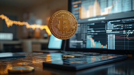 A floating Bitcoin is prominently featured above various financial charts and graphs, illustrating the dynamic cryptocurrency market within a contemporary office environment.