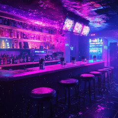 Obraz premium Step into a neon cyberpunk bar where digital decay meets glitchy textures, creating an immersive atmosphere of futuristic nightlife.