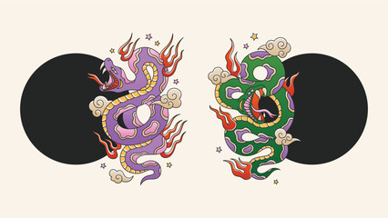 Snake new year frames with symbol of the snake. Traditional oriental tattoo style. Set of two pythons with clouds, fire and stars. Happy chinese new year templates.