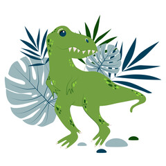 Vector dinosaur T Rex, Tyrannosaurus with palm and monsterrra leaves, t shirt print design, poster, card, party invitation
