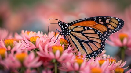 Fototapeta premium butterfly delicately perched on blooming flowers against a soft pastel background,