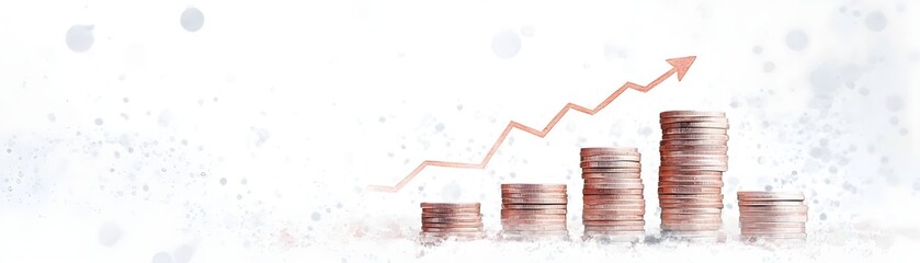 Watercolor Stack of Coins with Upward Arrow