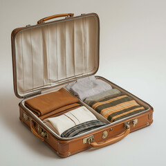stylish open suitcase filled with neatly folded clothes, showcasing blend of patterns and colors. organized layout highlights sense of preparation and travel excitement