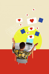 Composite trend artwork sketch collage of office manager young guy sit armchair table laptop website icon app like heart popular banner