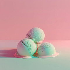 Three scoops of ice cream, set against a pink background with green and blue colors