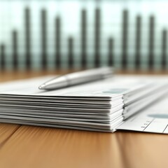 Fototapeta premium A stack of documents with a pen on a wooden surface and a blurred background.