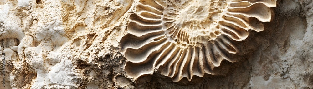 Poster close-up of a fossilized shell embedded in rock