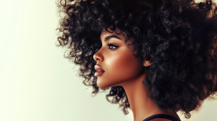 Fototapeta premium Portrait of a woman with lush, voluminous curls, looking away thoughtfully on a light background