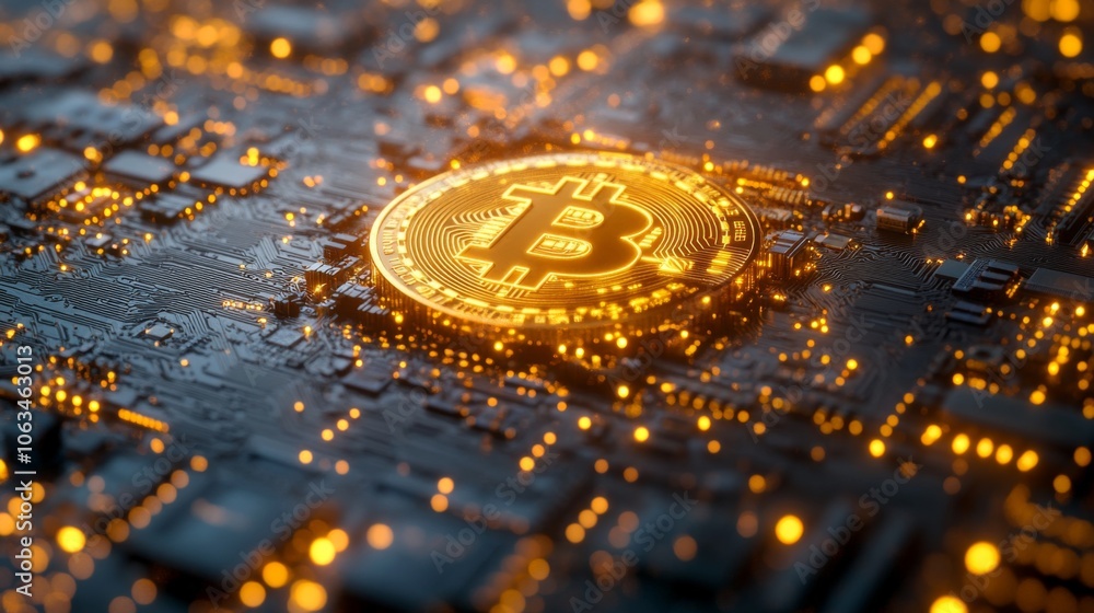 Aufkleber a glimmering bitcoin sits atop a detailed circuit board, surrounded by glowing electronic components