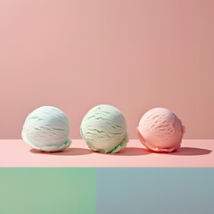 Three scoops of ice cream, set against a pink background 