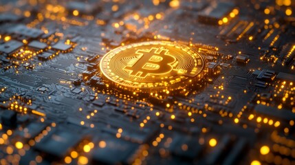 A glimmering Bitcoin sits atop a detailed circuit board, surrounded by glowing electronic components that highlight the fusion of cryptocurrency and technology.