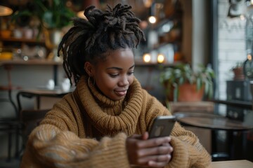 A woman with dreadlocks smiles while using her smartphone in a cozy, modern cafe with warm lighting and plants around.